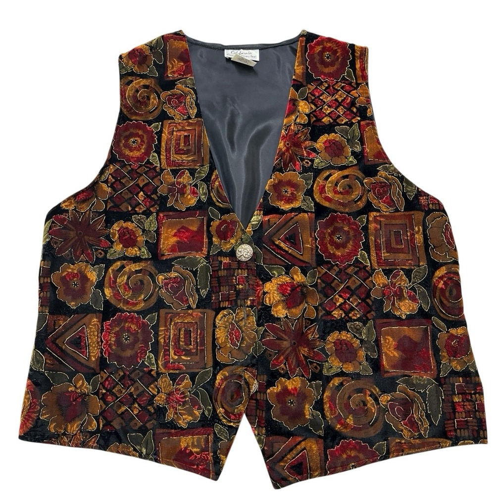 Vintage California Connection Vest Womens 20 Dark Velvet Floral Metallic Outline